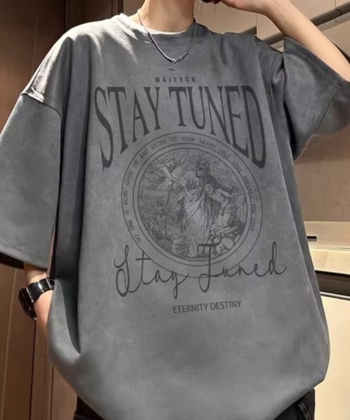 link lot(リンクロット)の「フェイクスエードプリントBIGT ビッグロゴ 男女兼用 ストレッチ素材(Tシャツ/カットソー・メンズ・ブラック/グレー/アイボリー/グリーン・L/M)」の12枚目の写真