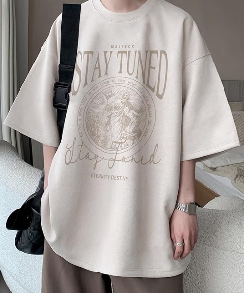 link lot(リンクロット)の「フェイクスエードプリントBIGT ビッグロゴ 男女兼用 ストレッチ素材(Tシャツ/カットソー・メンズ・ブラック/グレー/アイボリー/グリーン・L/M)」の6枚目の写真