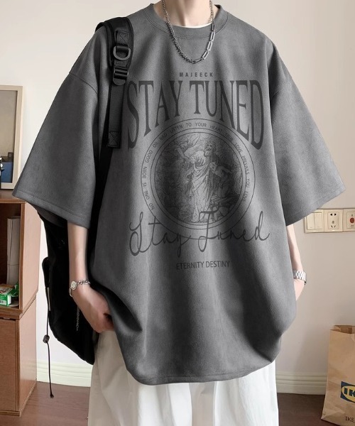 link lot(リンクロット)の「フェイクスエードプリントBIGT ビッグロゴ 男女兼用 ストレッチ素材(Tシャツ/カットソー・メンズ・ブラック/グレー/アイボリー/グリーン・L/M)」の13枚目の写真