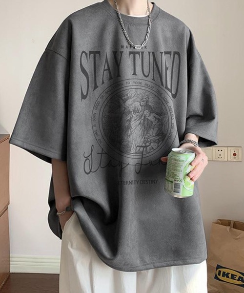 link lot(リンクロット)の「フェイクスエードプリントBIGT ビッグロゴ 男女兼用 ストレッチ素材(Tシャツ/カットソー・メンズ・ブラック/グレー/アイボリー/グリーン・L/M)」の14枚目の写真