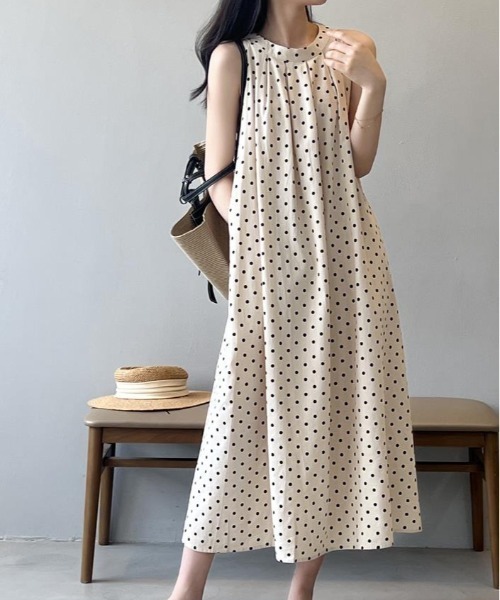 セール】シンプルでオシャレ！ ポイント柄 スリーブレス ドレス