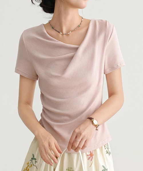 MAISON DE THERESE（メゾン ド テレーズ）の「シーバー（ギャザー）アシンメトリー オフショルダー ボートネック 半袖Tシャツ（Tシャツ/カットソー・レディース・アイボリー/ブルー/イエロー/ピンク/Cream/ブラック・S/M/L）」の6枚目の写真