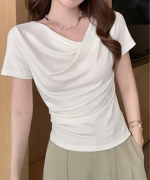 MAISON DE THERESE（メゾン ド テレーズ）の「シーバー（ギャザー）アシンメトリー オフショルダー ボートネック 半袖Tシャツ（Tシャツ/カットソー・レディース・アイボリー/ブルー/イエロー/ピンク/Cream/ブラック・S/M/L）」の5枚目の写真