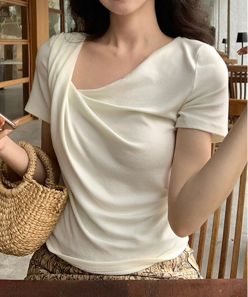 MAISON DE THERESE（メゾン ド テレーズ）の「シーバー（ギャザー）アシンメトリー オフショルダー ボートネック 半袖Tシャツ（Tシャツ/カットソー・レディース・アイボリー/ブルー/イエロー/ピンク/Cream/ブラック・S/M/L）」の20枚目の写真