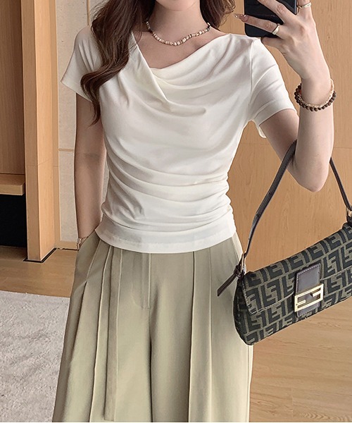 MAISON DE THERESE（メゾン ド テレーズ）の「シーバー（ギャザー）アシンメトリー オフショルダー ボートネック 半袖Tシャツ（Tシャツ/カットソー・レディース・アイボリー/ブルー/イエロー/ピンク/Cream/ブラック・S/M/L）」の18枚目の写真