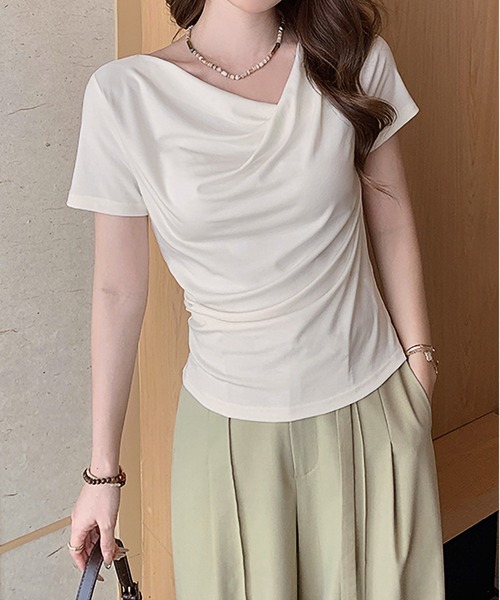 MAISON DE THERESE（メゾン ド テレーズ）の「シーバー（ギャザー）アシンメトリー オフショルダー ボートネック 半袖Tシャツ（Tシャツ/カットソー・レディース・アイボリー/ブルー/イエロー/ピンク/Cream/ブラック・S/M/L）」の16枚目の写真