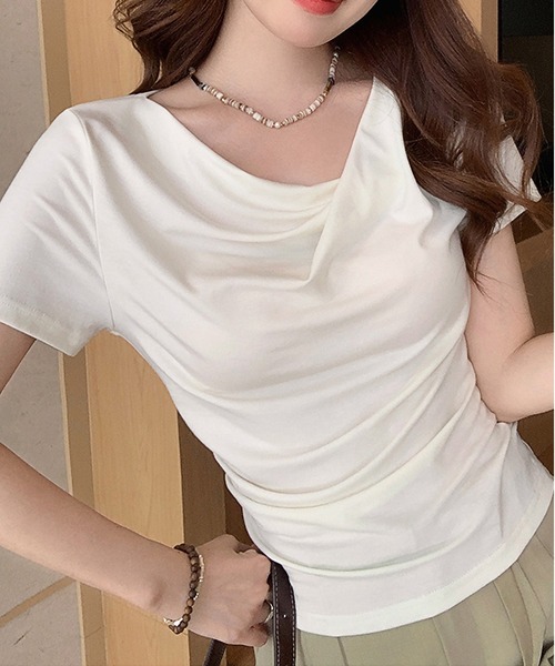 MAISON DE THERESE（メゾン ド テレーズ）の「シーバー（ギャザー）アシンメトリー オフショルダー ボートネック 半袖Tシャツ（Tシャツ/カットソー・レディース・アイボリー/ブルー/イエロー/ピンク/Cream/ブラック・S/M/L）」の17枚目の写真