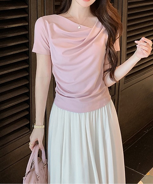 MAISON DE THERESE（メゾン ド テレーズ）の「シーバー（ギャザー）アシンメトリー オフショルダー ボートネック 半袖Tシャツ（Tシャツ/カットソー・レディース・アイボリー/ブルー/イエロー/ピンク/Cream/ブラック・S/M/L）」の7枚目の写真