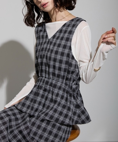 【MONSE】白×黒タータンチェック アシンメトリー ヘム ドレープ ビスチェ each（イーチ）の「チェック柄カシュクールペプラムビスチェ