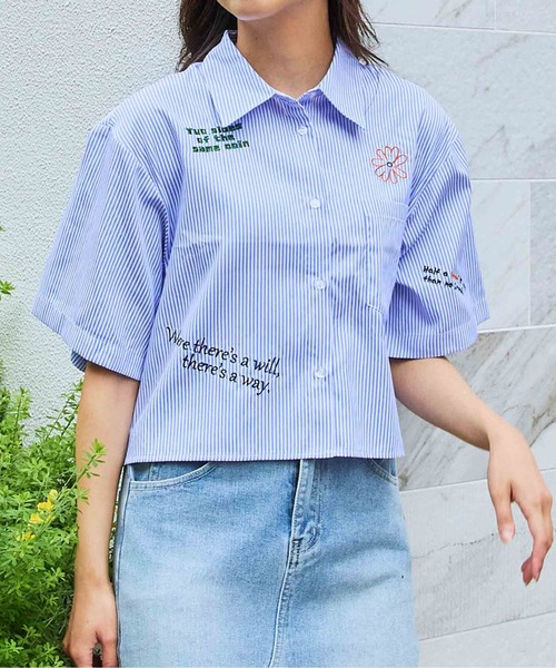 GORGE(ゴージ)の「《クロップ丈×刺繍アクセント》レディース 半袖シャツ ストライプ 無地 春夏秋(シャツ/ブラウス・レディース・ストライプ/オフホワイト/サックスブルー・F)」の10枚目の写真