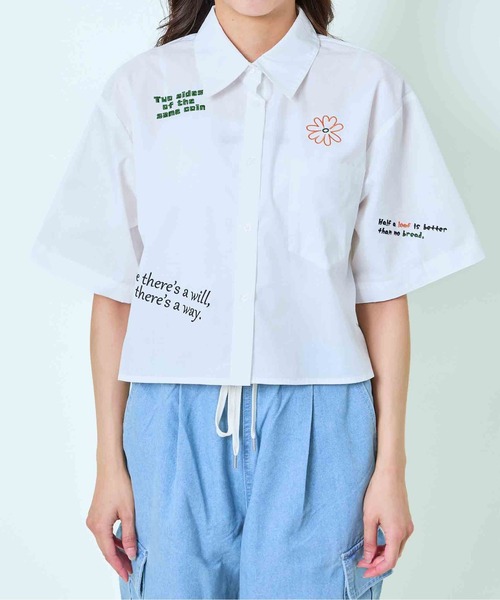 GORGE(ゴージ)の「《クロップ丈×刺繍アクセント》レディース 半袖シャツ ストライプ 無地 春夏秋(シャツ/ブラウス・レディース・ストライプ/オフホワイト/サックスブルー・F)」の13枚目の写真