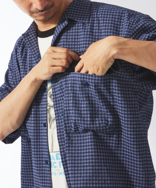 JOURNAL STANDARD relume(ジャーナルスタンダード レリューム)の「ストレッチ サッカー ミニ チェック 半袖 シャツ(シャツ/ブラウス・メンズ・ネイビー/ブラウン/カーキ・MEDIUM/LARGE)」の5枚目の写真