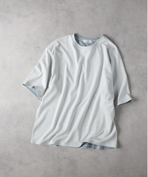 Right-on(ライトオン)の「【PLUS ONE】【接触冷感】ハイゲージダブルフェイス配色半袖Tシャツ(Tシャツ/カットソー・メンズ・ネイビー/ベージュ/ブラウン/ホワイト/ブラック/グレー・L/XL/M)」の2枚目の写真