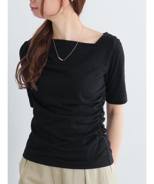 Te chichi（テチチ）の「アシメネックハーフスリーブトップス（Tシャツ/カットソー・レディース・ベージュ/ブラック/グレー・F）」の2枚目の写真