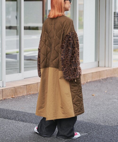 セール】【etsinta】ファー切替ノーカラーキルティングコート（ノー