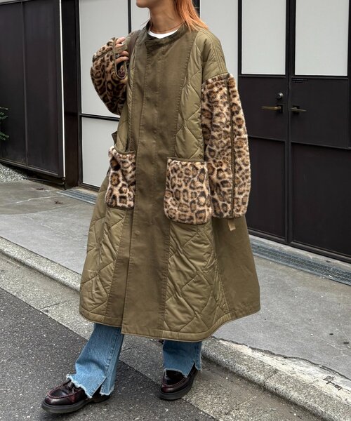 etsinta ファーコート　カーキ etsintaファー切替ノーカラーキルティングコート（モッズコート