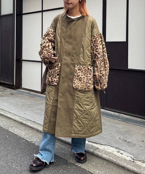 etsintaファー切替ノーカラーキルティングコート（モッズコート