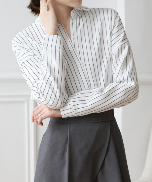 shoppinggo(ショッピングゴー)の「シャツ ブラウス レディース トップス 襟付き ボーター柄 通勤OL(シャツ/ブラウス・レディース・ネイビー/ホワイト・M)」の18枚目の写真