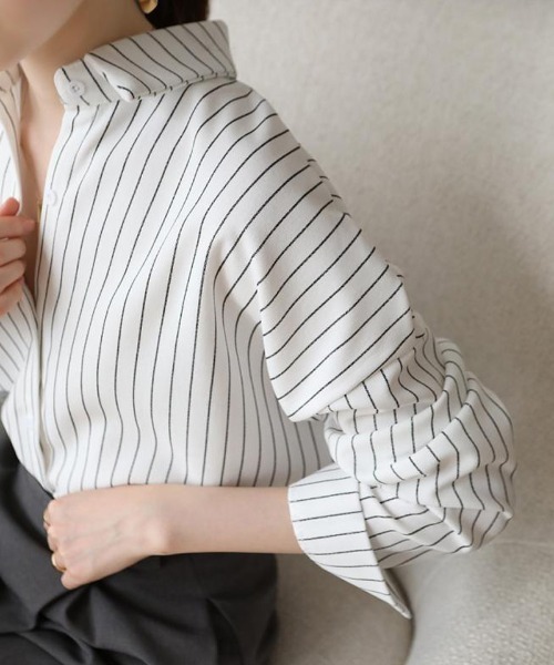 shoppinggo(ショッピングゴー)の「シャツ ブラウス レディース トップス 襟付き ボーター柄 通勤OL(シャツ/ブラウス・レディース・ネイビー/ホワイト・M)」の7枚目の写真