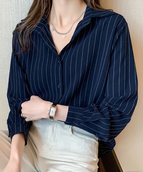 shoppinggo(ショッピングゴー)の「シャツ ブラウス レディース トップス 襟付き ボーター柄 通勤OL(シャツ/ブラウス・レディース・ネイビー/ホワイト・M)」の8枚目の写真