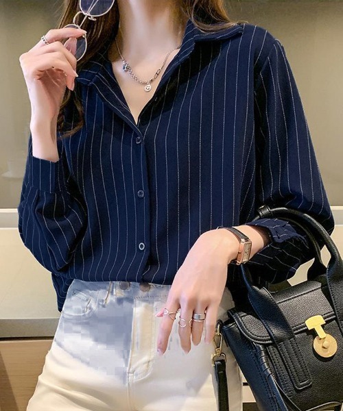 shoppinggo(ショッピングゴー)の「シャツ ブラウス レディース トップス 襟付き ボーター柄 通勤OL(シャツ/ブラウス・レディース・ネイビー/ホワイト・M)」の10枚目の写真