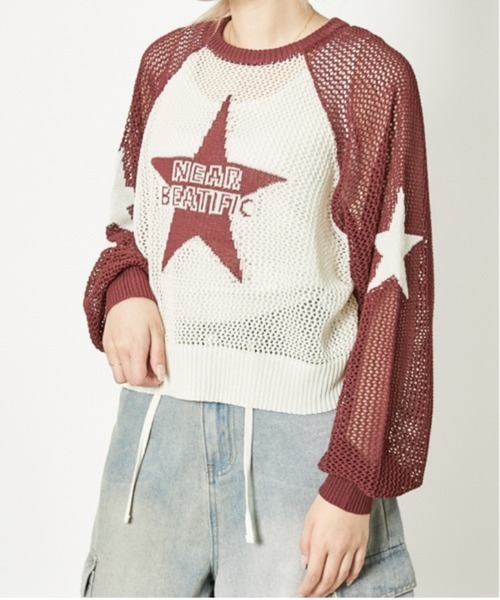 GORGE（ゴージ）の「《メッシュ×ビッグスター》レディース ニットプルオーバー 透かし編み 春夏秋（ニット/セーター・レディース・ボルドー/ブラック/ネイビー・F）」の3枚目の写真