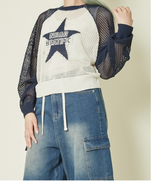 GORGE（ゴージ）の「《メッシュ×ビッグスター》レディース ニットプルオーバー 透かし編み 春夏秋（ニット/セーター・レディース・ボルドー/ブラック/ネイビー・F）」の4枚目の写真