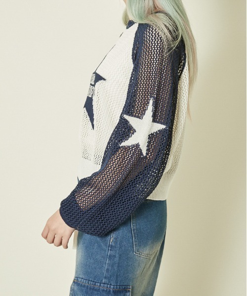 GORGE（ゴージ）の「《メッシュ×ビッグスター》レディース ニットプルオーバー 透かし編み 春夏秋（ニット/セーター・レディース・ボルドー/ブラック/ネイビー・F）」の6枚目の写真