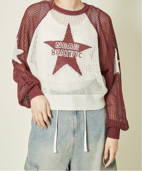 GORGE（ゴージ）の「《メッシュ×ビッグスター》レディース ニットプルオーバー 透かし編み 春夏秋（ニット/セーター・レディース・ボルドー/ブラック/ネイビー・F）」の8枚目の写真