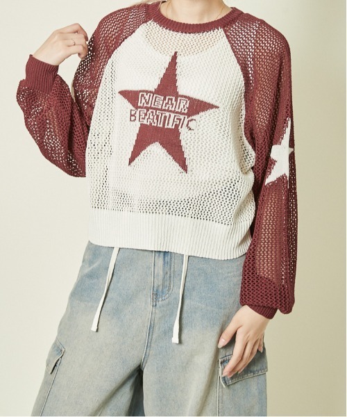 GORGE（ゴージ）の「《メッシュ×ビッグスター》レディース ニットプルオーバー 透かし編み 春夏秋（ニット/セーター・レディース・ボルドー/ブラック/ネイビー・F）」の9枚目の写真