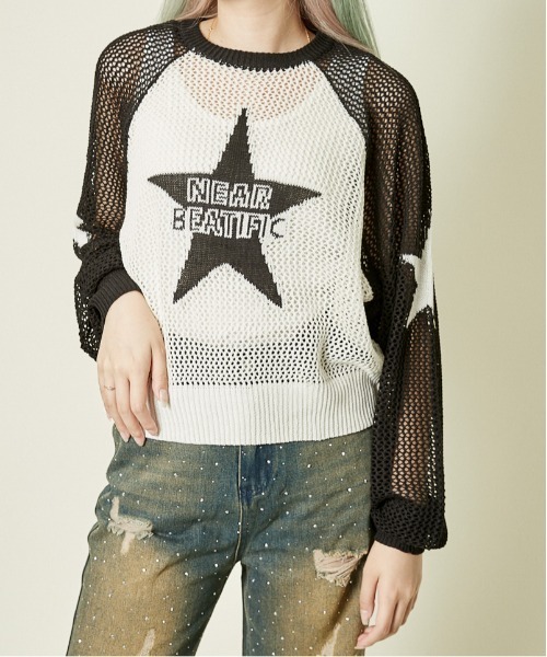 GORGE（ゴージ）の「《メッシュ×ビッグスター》レディース ニットプルオーバー 透かし編み 春夏秋（ニット/セーター・レディース・ボルドー/ブラック/ネイビー・F）」の10枚目の写真