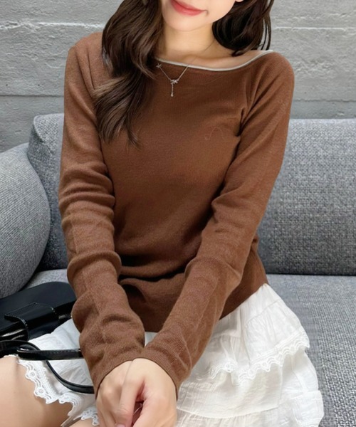 Eclat one(エクラワン)の「【Eclat one】バイカラー ワンショル サイド シャーリング ニット(Tシャツ/カットソー・レディース・ブラウン/ブラック/オフホワイト/グレー/グリーン・FREE)」の1枚目の写真