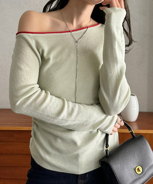 Eclat one(エクラワン)の「【Eclat one】バイカラー ワンショル サイド シャーリング ニット(Tシャツ/カットソー・レディース・ブラウン/ブラック/オフホワイト/グレー/グリーン・FREE)」の5枚目の写真