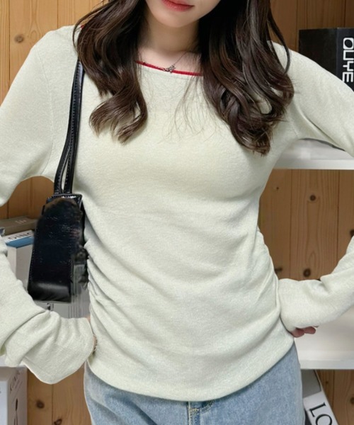 Eclat one(エクラワン)の「【Eclat one】バイカラー ワンショル サイド シャーリング ニット(Tシャツ/カットソー・レディース・ブラウン/ブラック/オフホワイト/グレー/グリーン・FREE)」の13枚目の写真