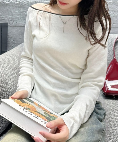 Eclat one(エクラワン)の「【Eclat one】バイカラー ワンショル サイド シャーリング ニット(Tシャツ/カットソー・レディース・ブラウン/ブラック/オフホワイト/グレー/グリーン・FREE)」の6枚目の写真