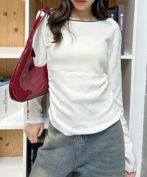 Eclat one(エクラワン)の「【Eclat one】バイカラー ワンショル サイド シャーリング ニット(Tシャツ/カットソー・レディース・ブラウン/ブラック/オフホワイト/グレー/グリーン・FREE)」の8枚目の写真