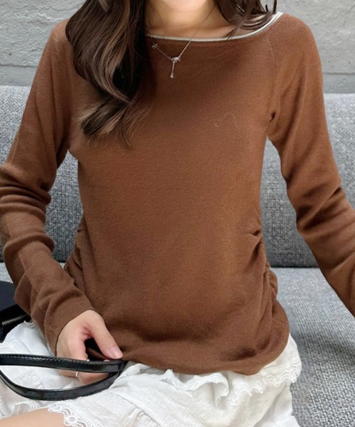 Eclat one(エクラワン)の「【Eclat one】バイカラー ワンショル サイド シャーリング ニット(Tシャツ/カットソー・レディース・ブラウン/ブラック/オフホワイト/グレー/グリーン・FREE)」の9枚目の写真