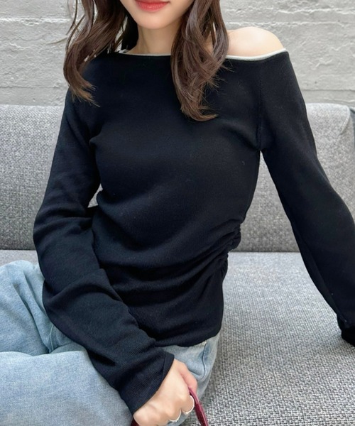 Eclat one(エクラワン)の「【Eclat one】バイカラー ワンショル サイド シャーリング ニット(Tシャツ/カットソー・レディース・ブラウン/ブラック/オフホワイト/グレー/グリーン・FREE)」の15枚目の写真