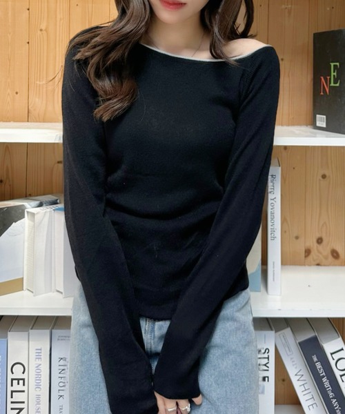 Eclat one(エクラワン)の「【Eclat one】バイカラー ワンショル サイド シャーリング ニット(Tシャツ/カットソー・レディース・ブラウン/ブラック/オフホワイト/グレー/グリーン・FREE)」の16枚目の写真