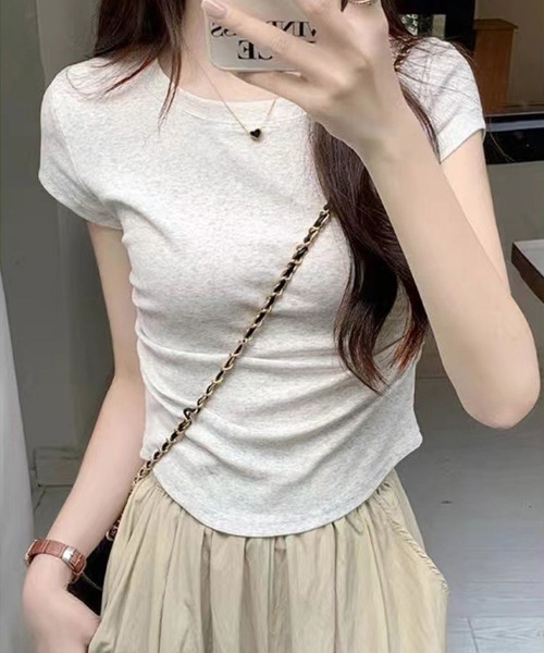 Miniministore（ミニミニストア）の「サイドギャザーtシャツ 半袖トップス夏服（Tシャツ/カットソー・レディース・ライトブルー/ブラック/ホワイト/ライトグレー/ピンク・FREE）」の4枚目の写真