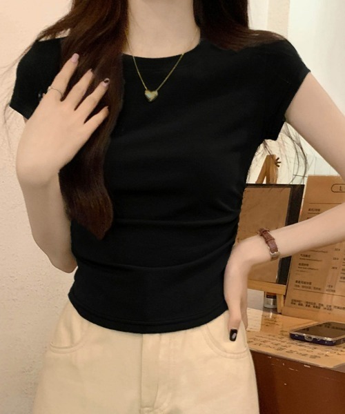 Miniministore（ミニミニストア）の「サイドギャザーtシャツ 半袖トップス夏服（Tシャツ/カットソー・レディース・ライトブルー/ブラック/ホワイト/ライトグレー/ピンク・FREE）」の3枚目の写真