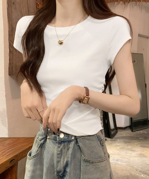 Miniministore（ミニミニストア）の「サイドギャザーtシャツ 半袖トップス夏服（Tシャツ/カットソー・レディース・ライトブルー/ブラック/ホワイト/ライトグレー/ピンク・FREE）」の20枚目の写真