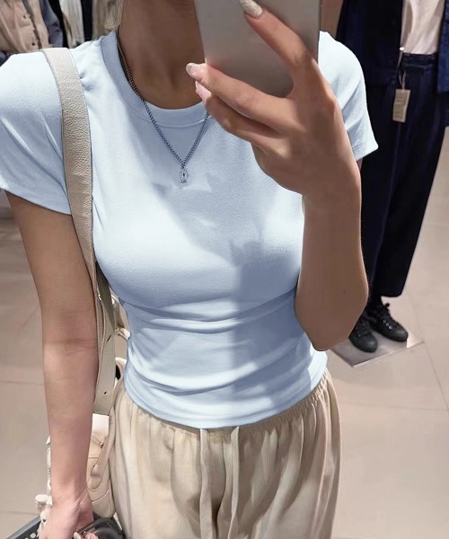 Miniministore（ミニミニストア）の「サイドギャザーtシャツ 半袖トップス夏服（Tシャツ/カットソー・レディース・ライトブルー/ブラック/ホワイト/ライトグレー/ピンク・FREE）」の15枚目の写真