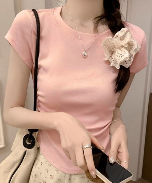 Miniministore（ミニミニストア）の「サイドギャザーtシャツ 半袖トップス夏服（Tシャツ/カットソー・レディース・ライトブルー/ブラック/ホワイト/ライトグレー/ピンク・FREE）」の17枚目の写真