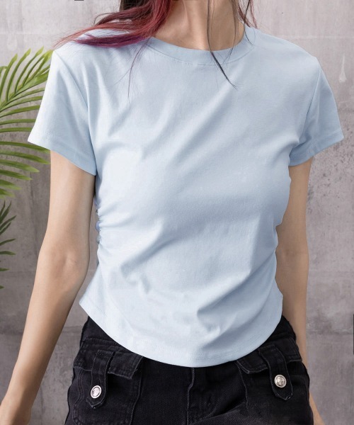 Miniministore（ミニミニストア）の「サイドギャザーtシャツ 半袖トップス夏服（Tシャツ/カットソー・レディース・ライトブルー/ブラック/ホワイト/ライトグレー/ピンク・FREE）」の7枚目の写真