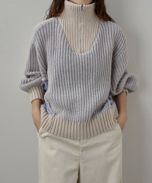 etoll.（エトル）の「バイカラーハーフジップニット（ニット/セーター・レディース・ベージュ/ネイビー/ブラック・M）」の11枚目の写真