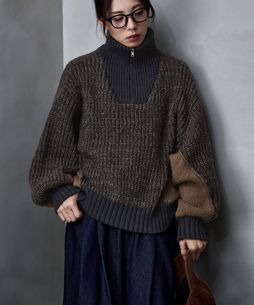 etoll.（エトル）の「バイカラーハーフジップニット（ニット/セーター・レディース・ベージュ/ネイビー/ブラック・M）」の4枚目の写真