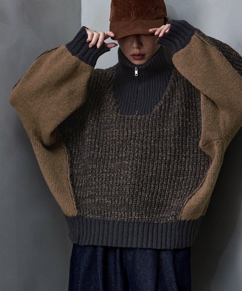 etoll.（エトル）の「バイカラーハーフジップニット（ニット/セーター・レディース・ベージュ/ネイビー/ブラック・M）」の6枚目の写真