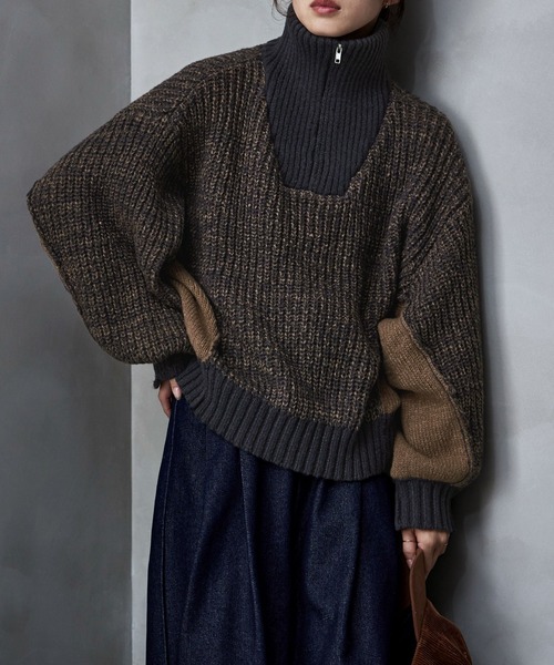 etoll.（エトル）の「バイカラーハーフジップニット（ニット/セーター・レディース・ベージュ/ネイビー/ブラック・M）」の10枚目の写真