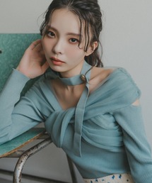 チョーカークロスチュールニットトップス